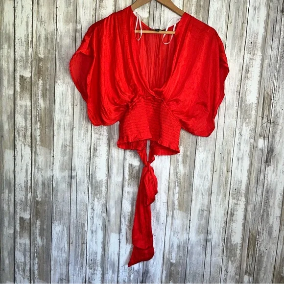 Lulus City Views Red Tie-Back Short Batwing-Sleeve Smocked Top - Picture 4 of 9